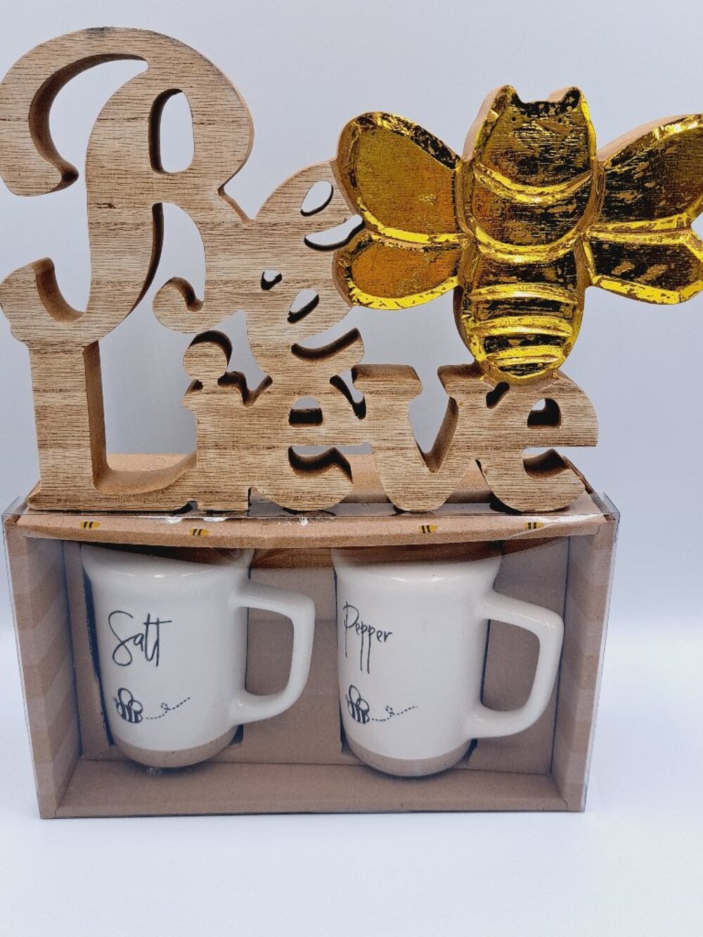 Rustic Farmhouse Bee Salt & Pepper Shaker & Gold Foil Wood Believe Sign